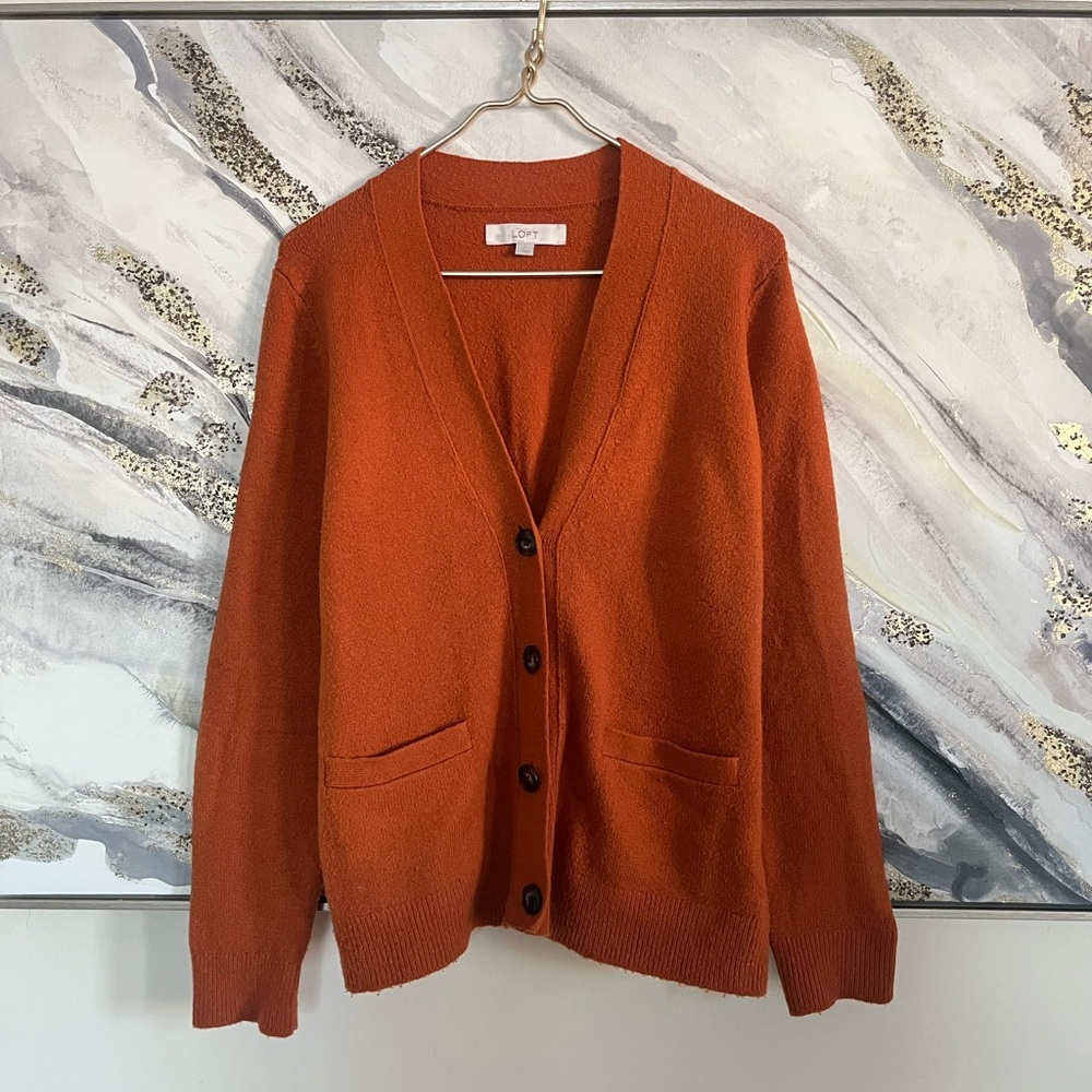 LOFT Rust Cardigan WOOL & cotton Sweater Fall size L coastal cowgirl